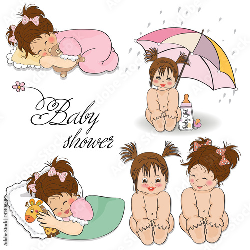 baby girl items collection on white background