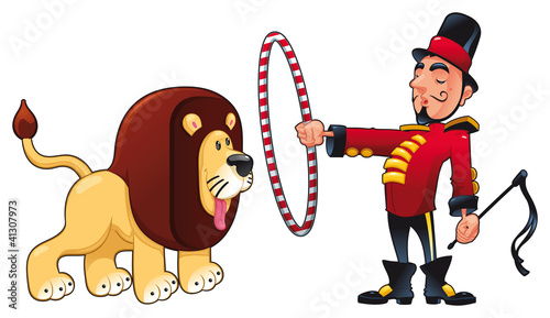 Lion Tamer with lion. Vector circus illustration.