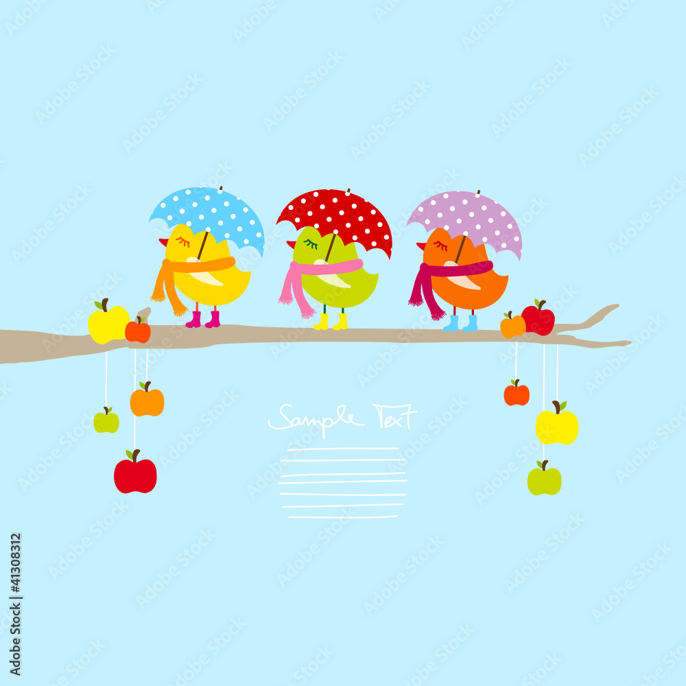 3 Birds Umbrella & Scarf On Tree With Apples Blue