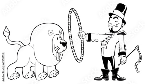 Lion Tamer with lion. Vector black and white illustration.