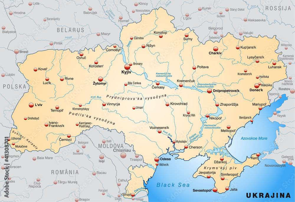 Landkarte der Ukraine mit Hauptstädten