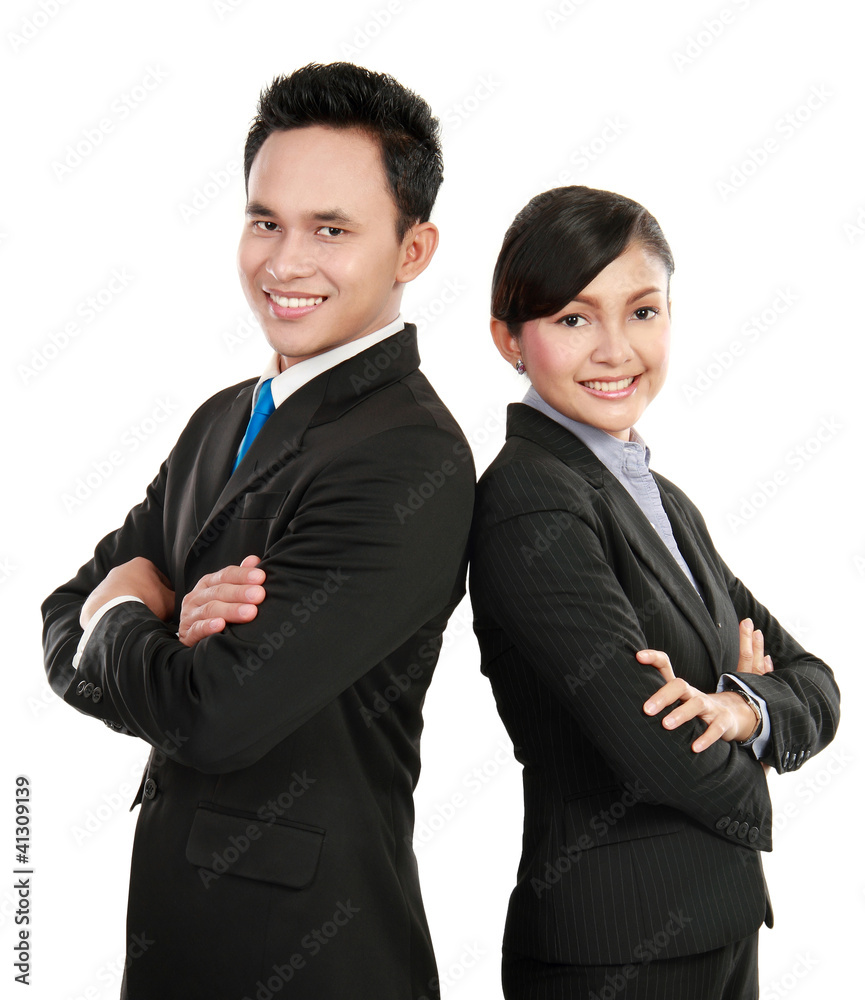 man and woman office worker smiling man and woman office worker smiling