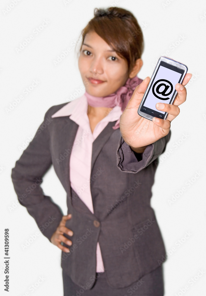 businesswoman shows his mobile phone forward . businesswoman shows his mobile phone forward .