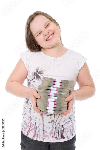 The girl holds a batch of money