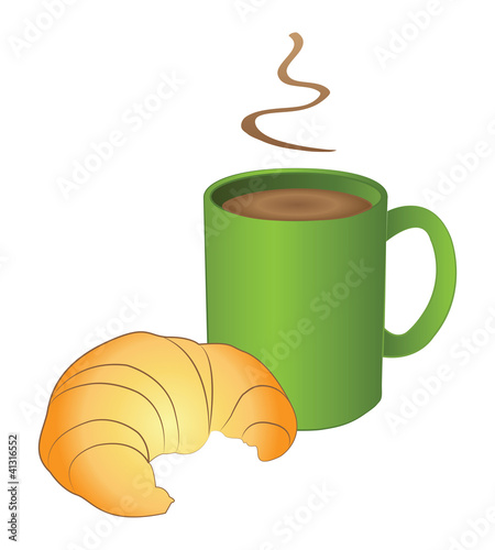 Hot coffe in green mug with croissant