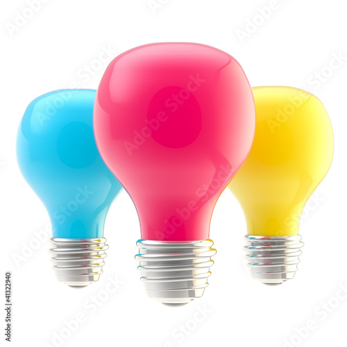 Three CMYK colored bulbs