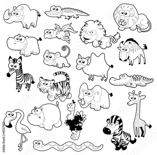 Savannah animals. Vector black and white characters.