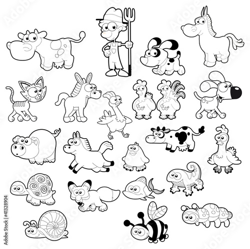 Farm animal family. Isolated black white characters.