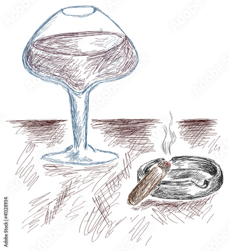 A glass of brandy and cigar, are drawn by strokes.