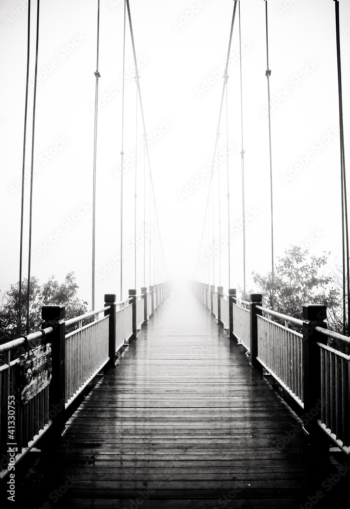 Fototapeta premium view on pedestrian wooden bridge in mist