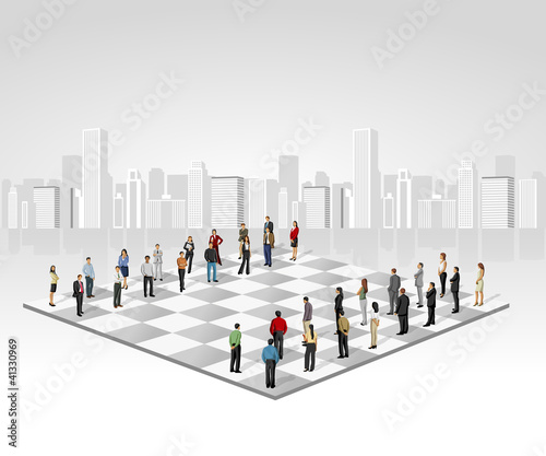 Template with two groups of business people on chess board