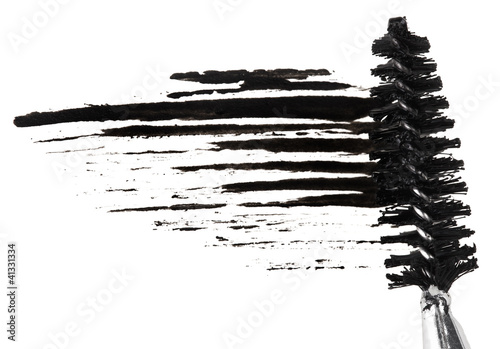 Stroke of black mascara with applicator brush, isolated on white