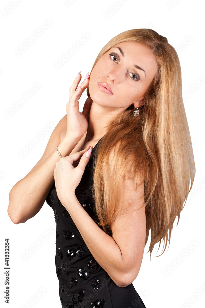 Obraz premium Elegant brunette model in a sexy black dress