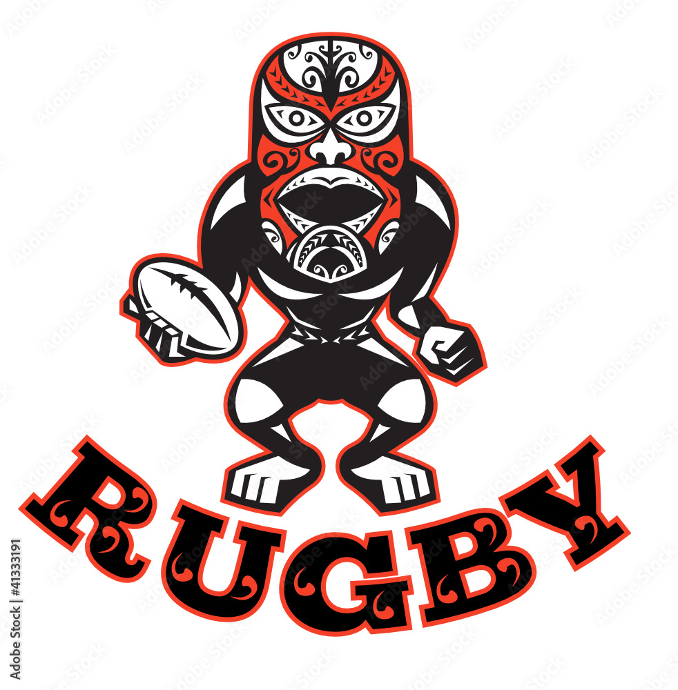 Maori Mask Rugby Player Standing with Ball