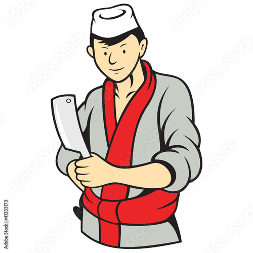 Japanese Butcher holding Meat Cleaver