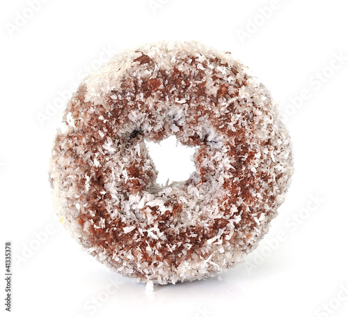 Coconut chocolate donut isolated on white