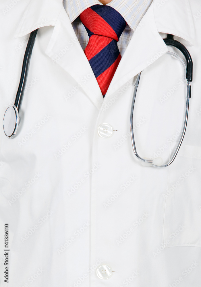 Close up of a doctor in white coat and stethoscope Close up of a doctor in white coat and stethoscope