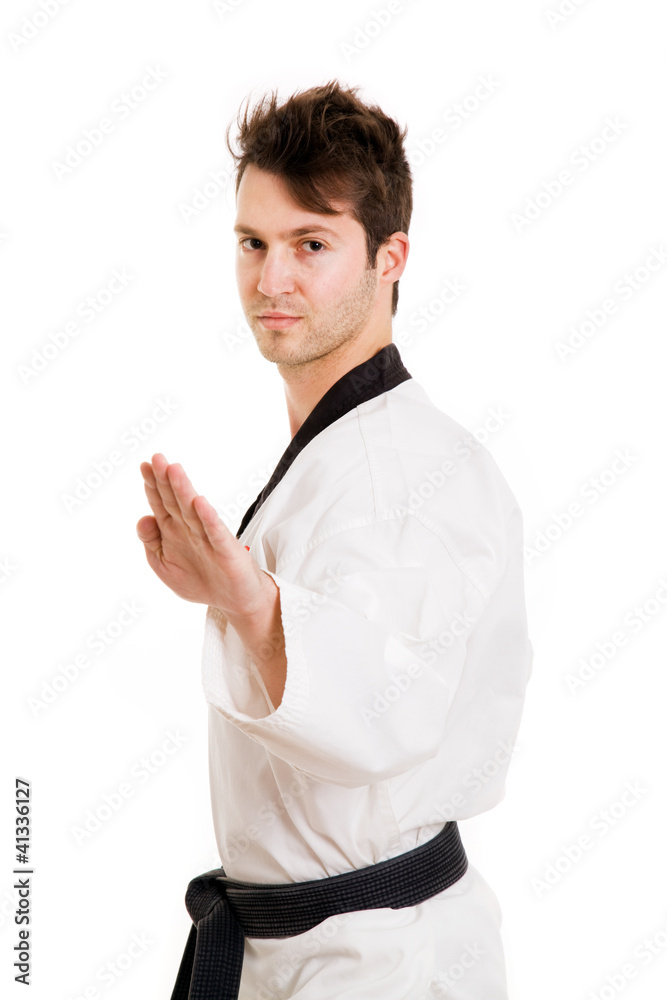 Young man in kimono excercising martial arts, isolated on white Young man in kimono excercising martial arts, isolated on white