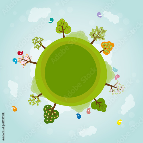 Cartoon earth with trees and birds