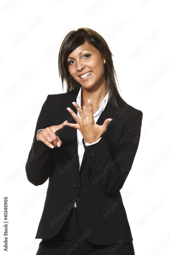 beautiful girl with hands calculates on a white background beautiful girl with hands calculates on a white background