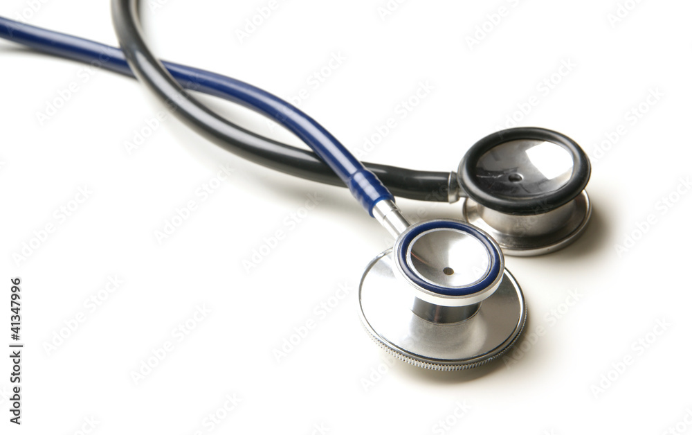 A lonely medical stethoscope on a white background A lonely medical stethoscope on a white background