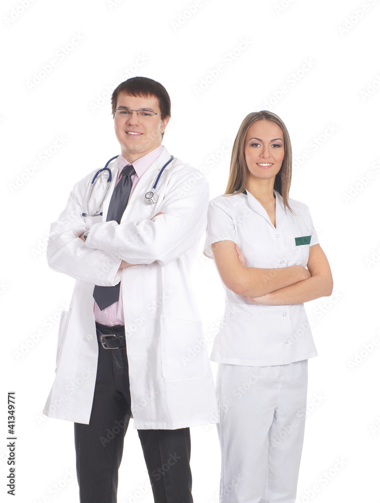 A young Caucasian couple of doctors in white clothes A young Caucasian couple of doctors in white clothes