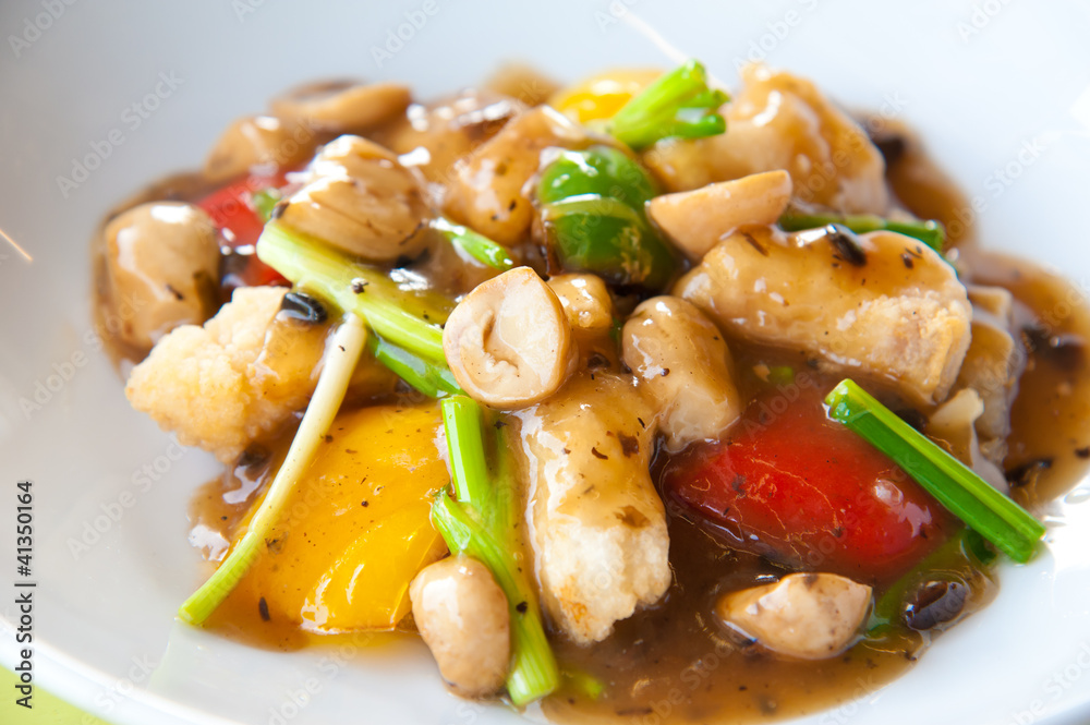 Stir-fried fish with colorful vegetables, mushroom and herb Stir-fried fish with colorful vegetables, mushroom and herb