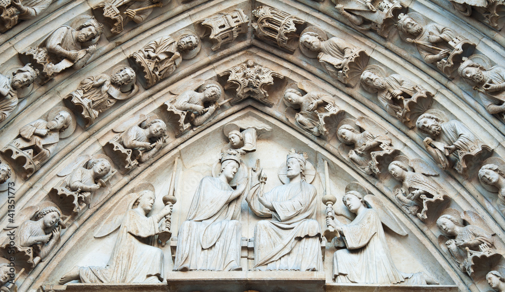 Sculptures on fasade of The Notre Dame de Paris. France.