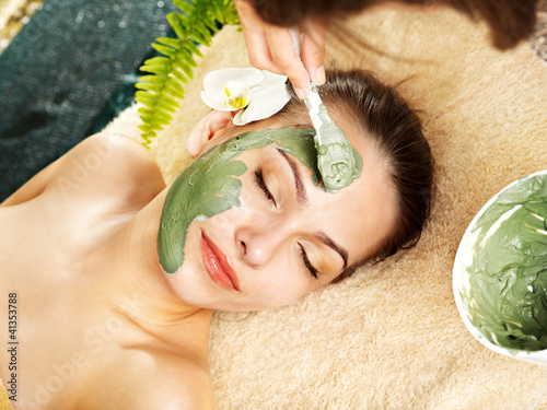 Woman having clay facial mask apply by beautician. #41353788