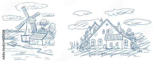 countryside landscapes with windmill and house vector