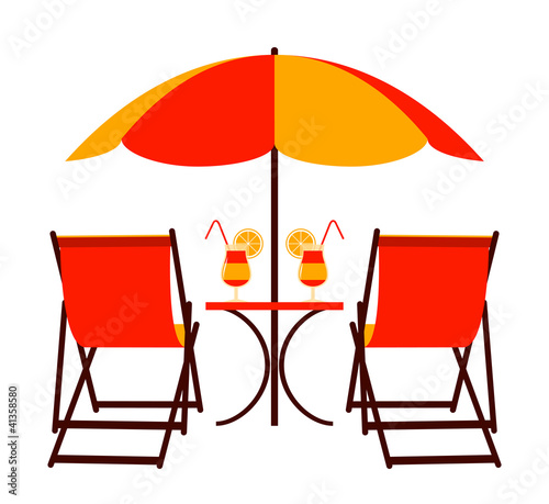 beach umbrella and deck chairs