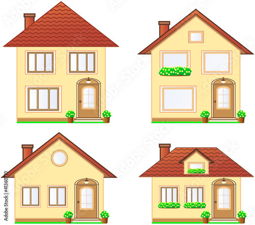 set of cute isolated modern cottage with flower