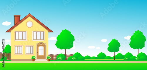 nature landscape with cottage and sky with space for text