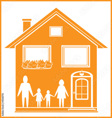 yellow icon with family and house with flower and pot