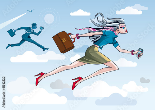 Business Woman Running Through Clouds