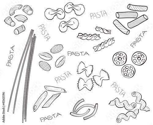 Types of pasta - hand-drawn illustration