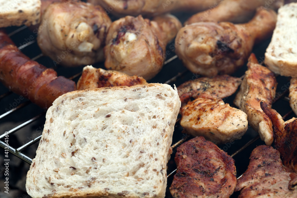 barbecue with delicious grilled meat on grill barbecue with delicious grilled meat on grill