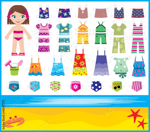 Paper doll with summer set of clothes
