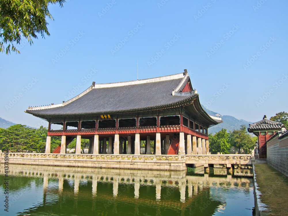 Pavilion in a Korean Palace at Seoul. South Korea. Lake. Buildin