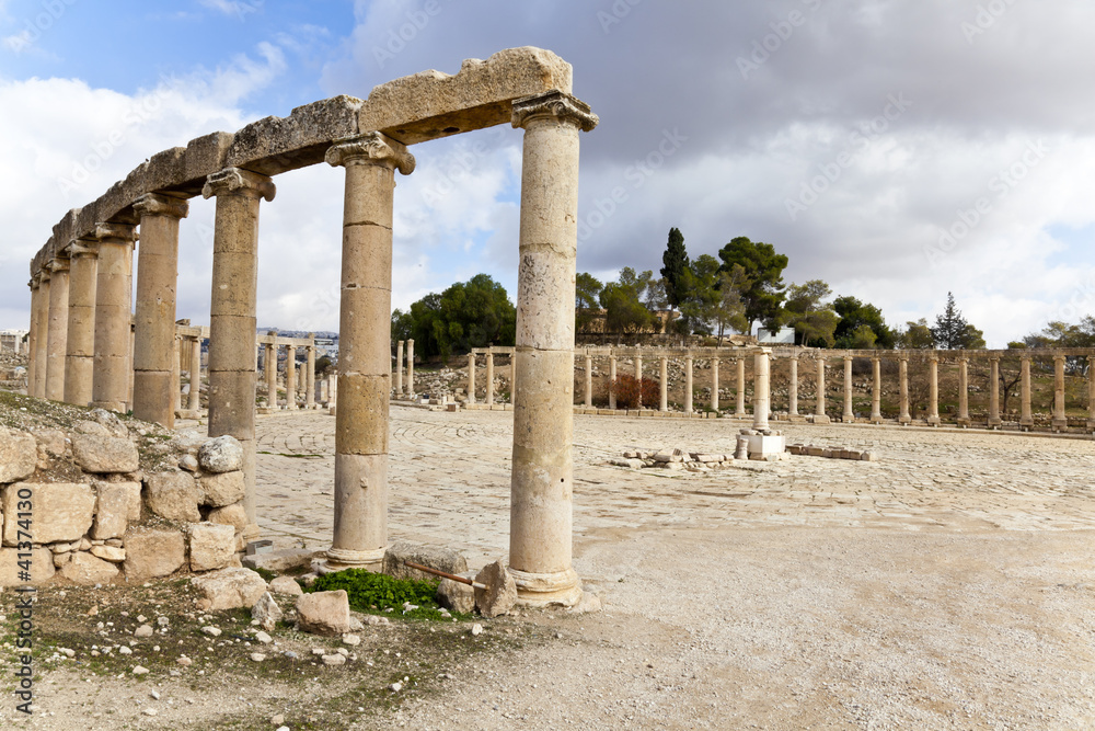 oval plaza in the ancient city of jerash, jordan
