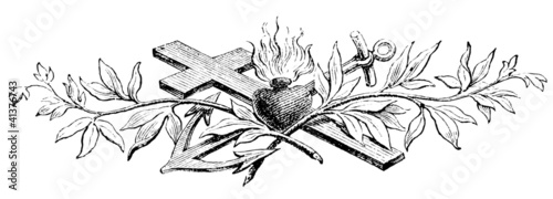 Religious ornament, cross, anchor, branch plant, cup, fire