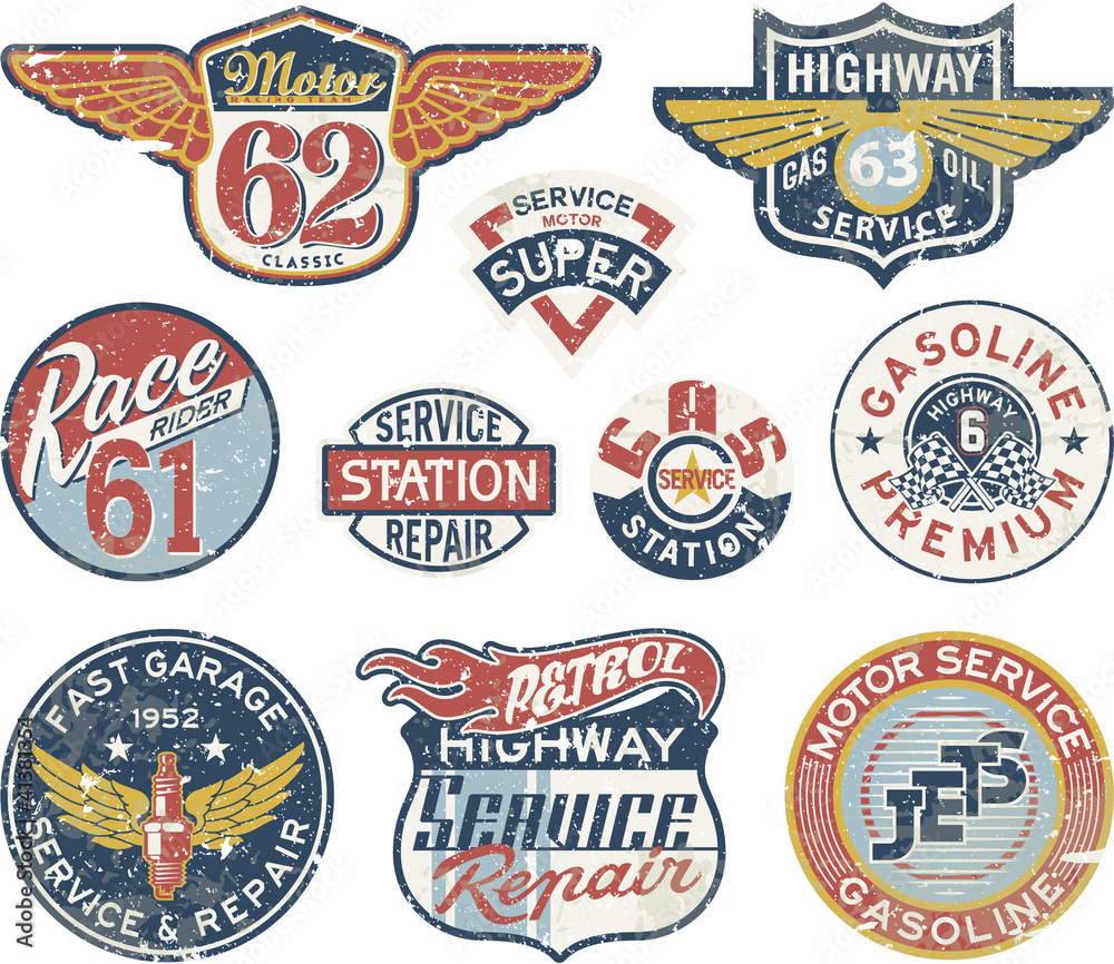 Gasoline station vintage vector badges - obrazy, fototapety, plakaty 