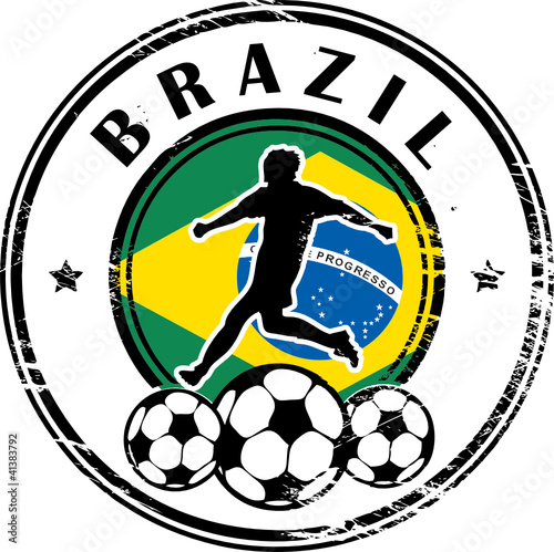 Stamp with football and name Brazil, vector illustration