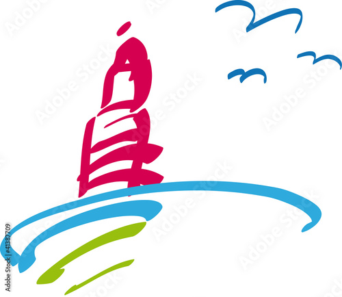 Logo für Tourismus und Urlaub am Meer, Leuchtturm mit Möven, Familienurlaub an der Ostsee und Nordsee in Deutschland, regional verreisen, sanfter Tourismus, naturnah und ökologisch, Vektor, isoliert