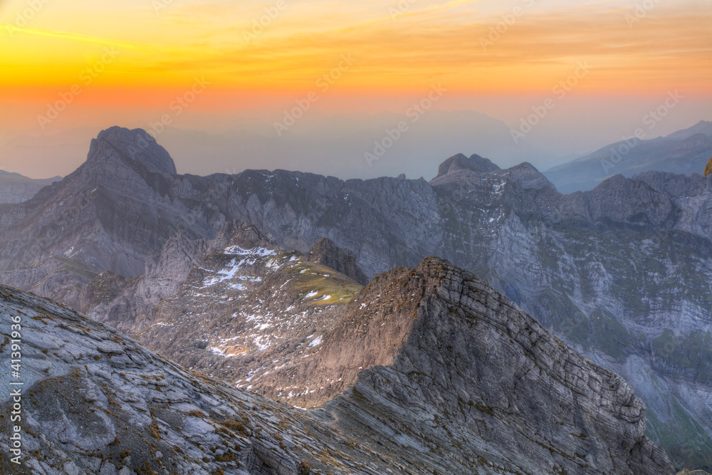 mountain panorama at sunset from Saentis