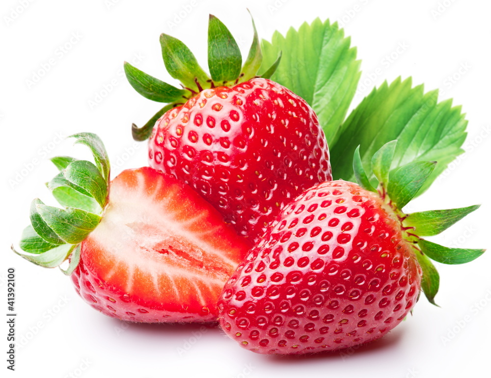 Strawberries with leaves. - obrazy, fototapety, plakaty 