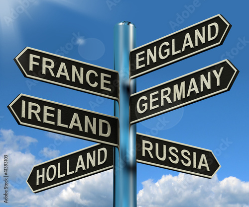 England France Germany Ireland Signpost Showing Europe Travel To