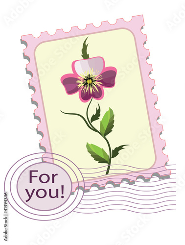 Postage stamp with pansy, vector.