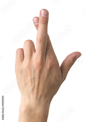 fingers crossed human hand on white clipping path