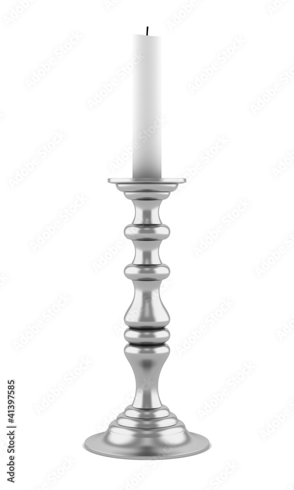 silver candlestick with candle isolated on white background Stock